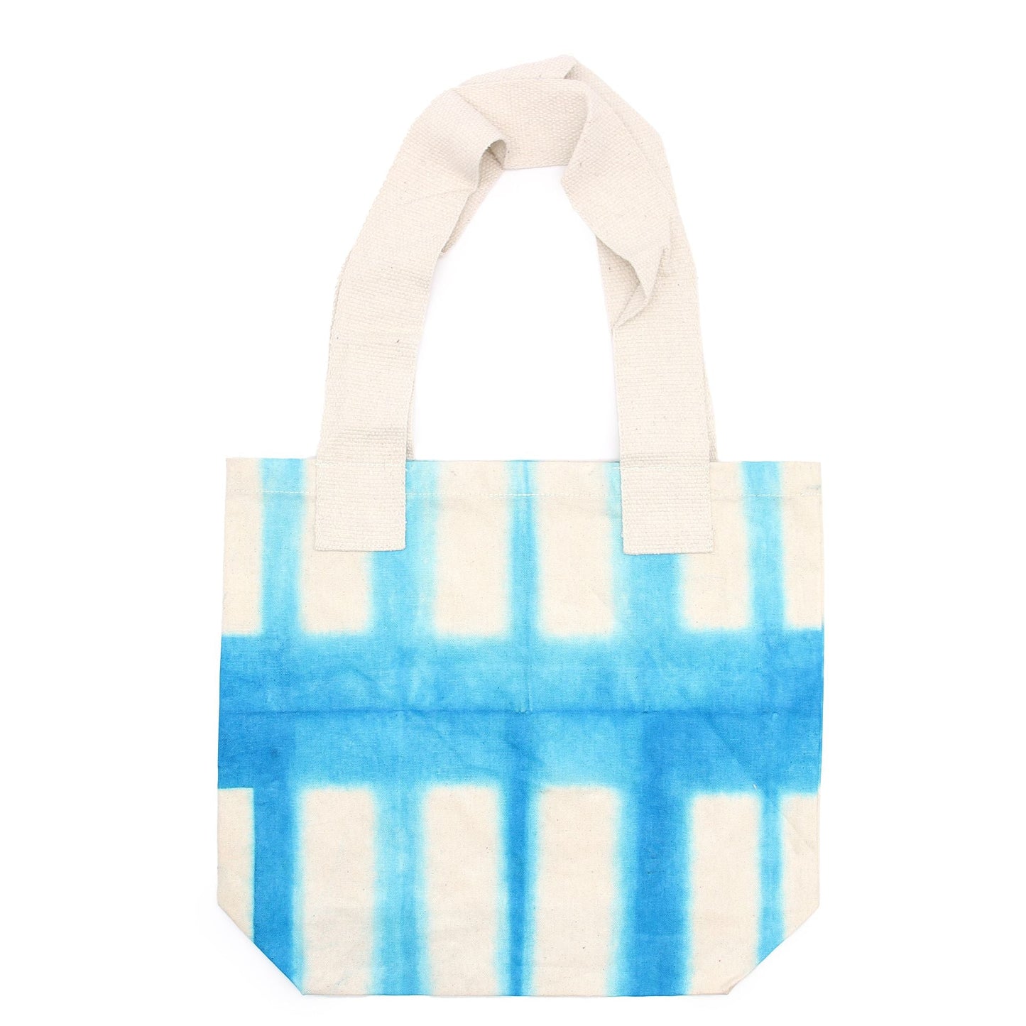 Polished Natural Tye-Dye Cotton Bag (8oz) - 38x42x12cm - Sky Blue Blocks - Natural Handle featuring natural patterning and unique variations - Positive Faith Hope Love