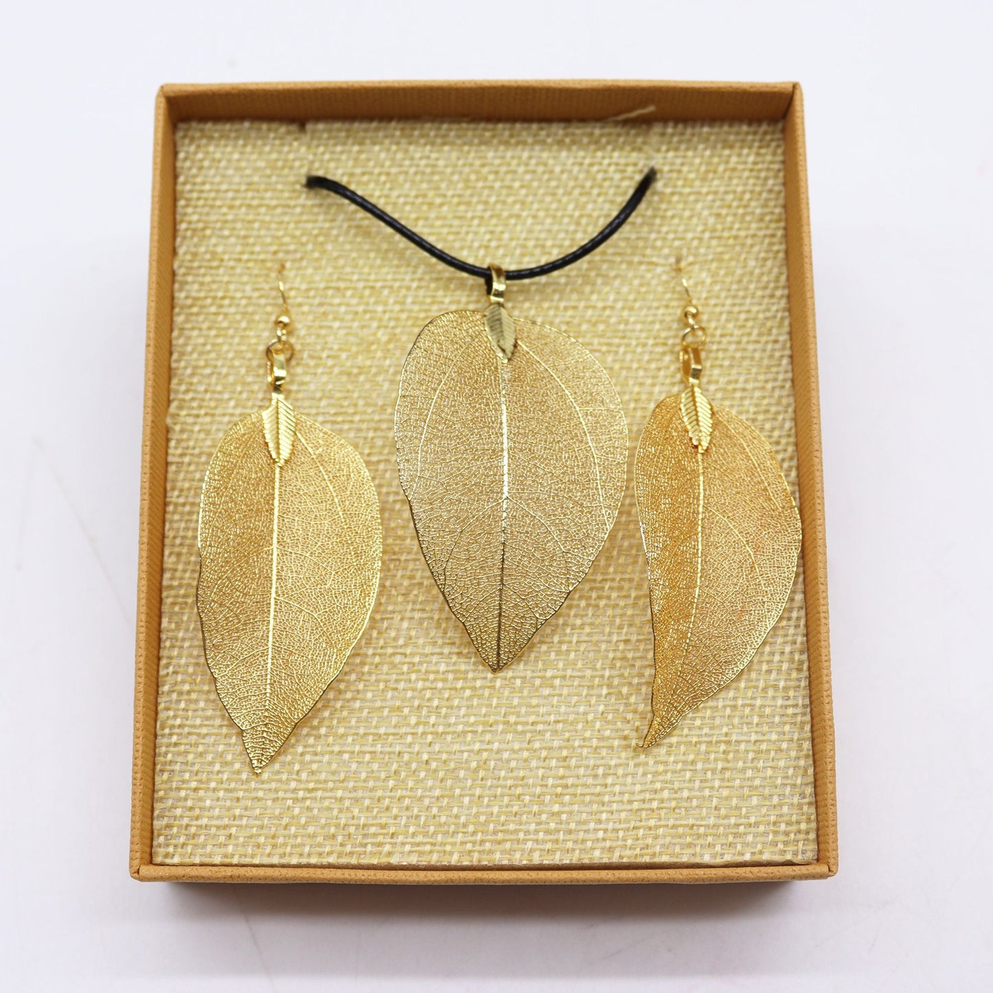 Polished Necklace Earring Set Bravery Leaf Gold featuring natural patterning and unique variations - Positive Faith Hope Love