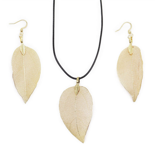 Polished Necklace & Earring Set - Bravery Leaf - Gold featuring natural patterning and unique variations - Positive Faith Hope Love