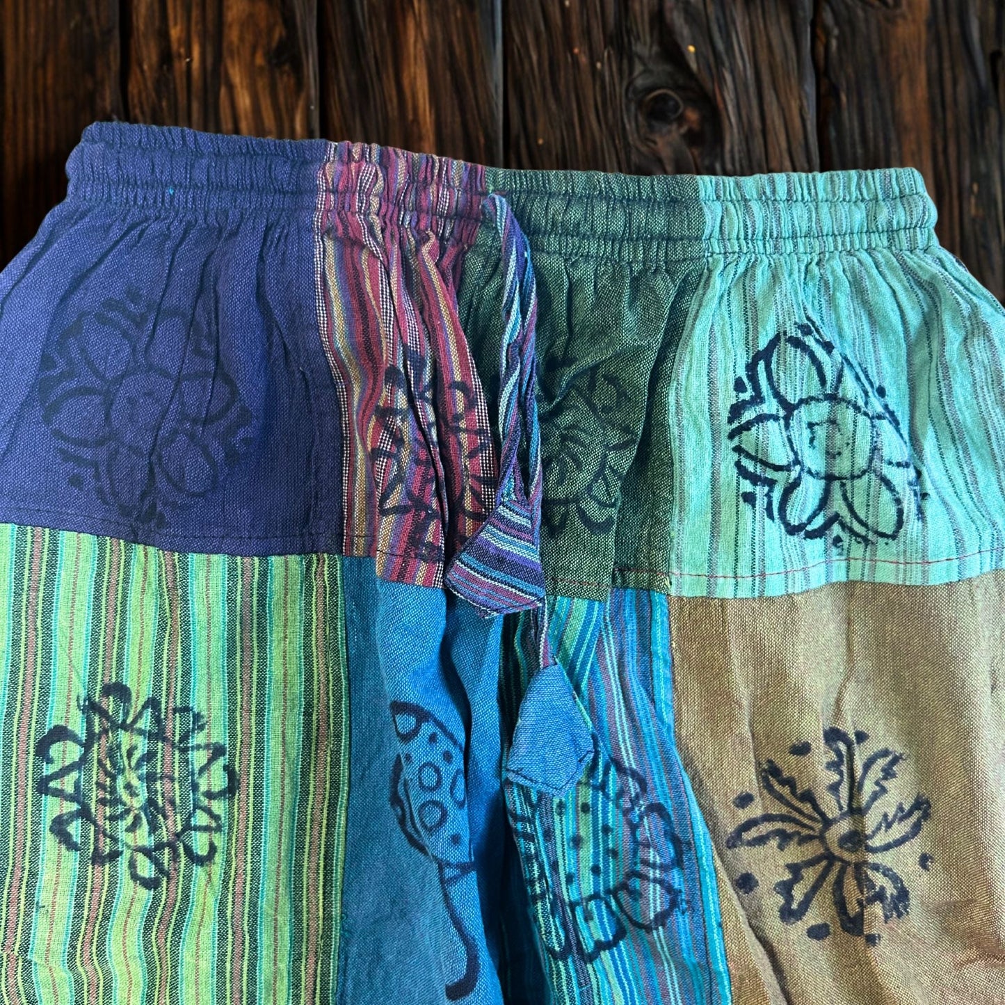 Polished Nomad Sari Mushroom Pants Block Print Designs Green Tones Sm featuring natural patterning and unique variations - Positive Faith Hope Love