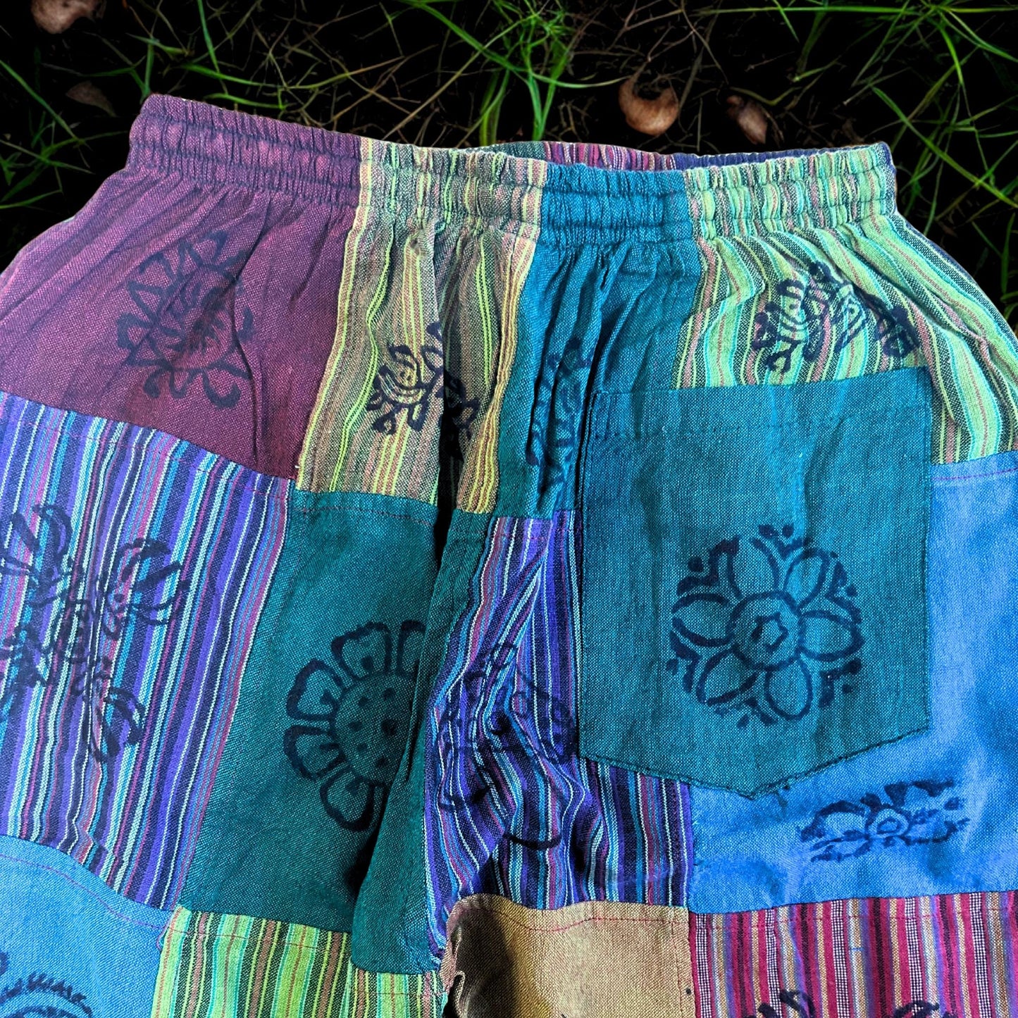 Polished Nomad Sari Mushroom Pants Block Print Designs Green Tones Sm featuring natural patterning and unique variations - Positive Faith Hope Love