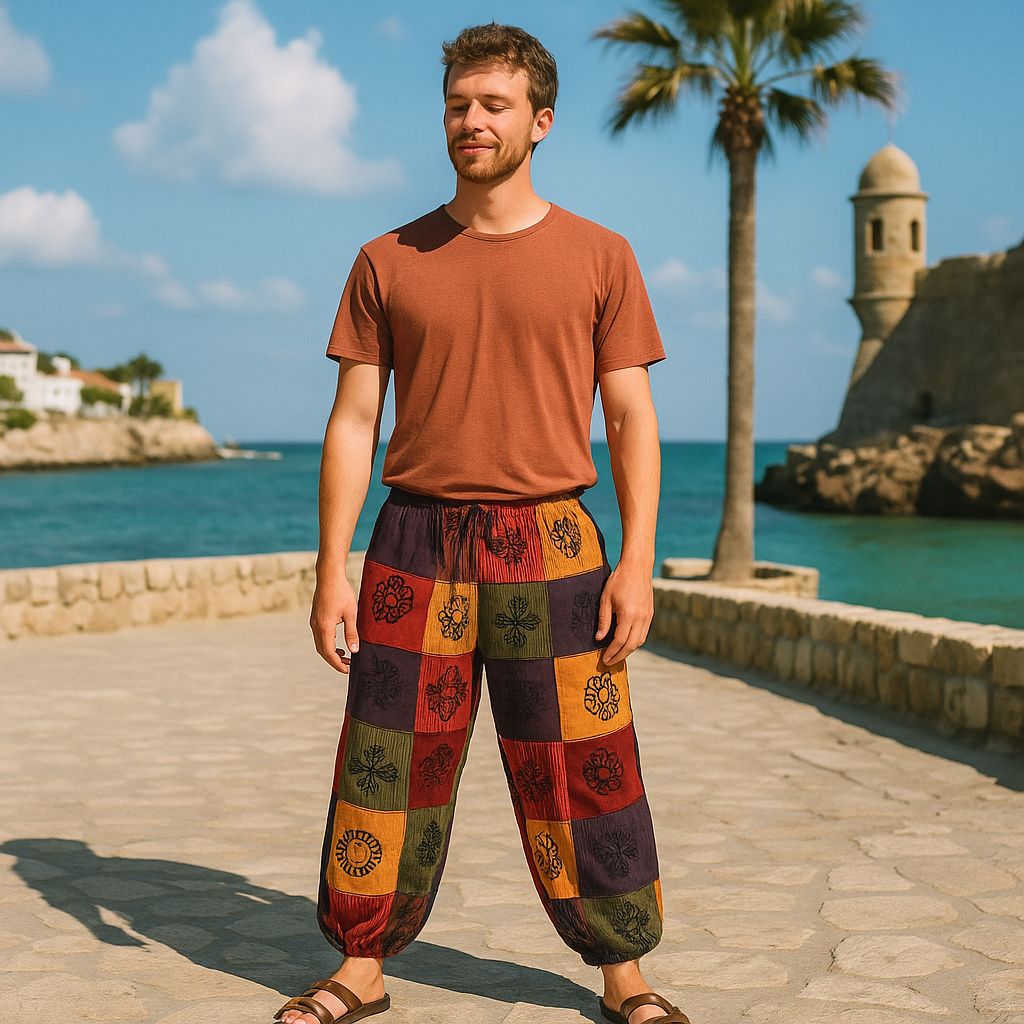 Polished Nomad Sari - Mushroom Pants - Block Print Designs - Orange Tones L/XL featuring natural patterning and unique variations - Positive Faith Hope Love