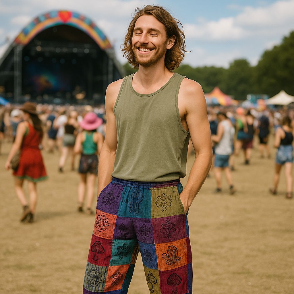 Polished Nomad Sari - Mushroom Pants - Block Print Designs - Purple Tones L/XL featuring natural patterning and unique variations - Positive Faith Hope Love