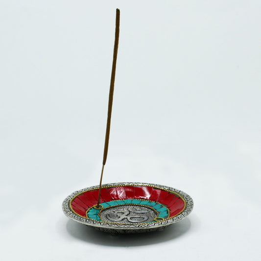 Polished Om Plate Tibetan Decor Cone Stick Holder featuring natural patterning and unique variations - Positive Faith Hope Love