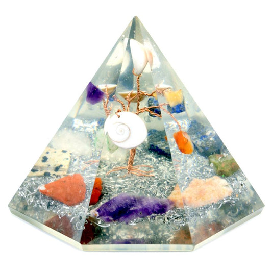 Polished Orgonite 7 sided Pyramid - Gemstone Wisdom Tree - 90 mm featuring natural patterning and unique variations - Positive Faith Hope Love