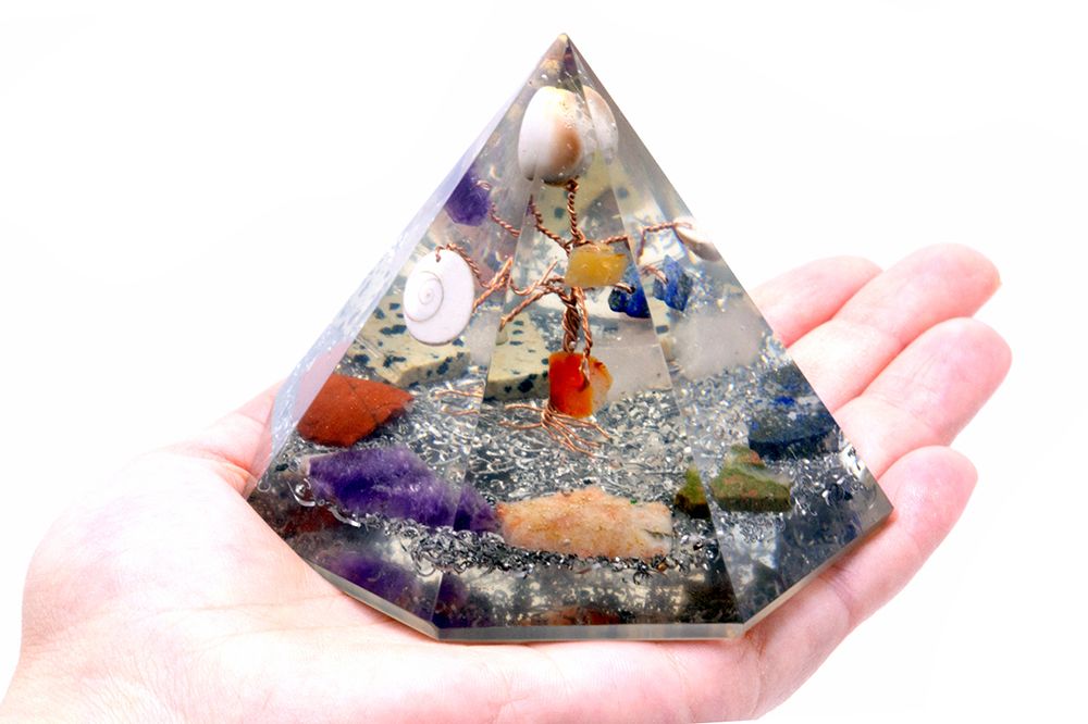 Polished Orgonite 7 Sided Pyramid Gemstone Wisdom Tree 90 Mm featuring natural patterning and unique variations - Positive Faith Hope Love