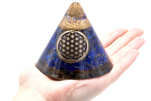 Polished Orgonite Cone - Lapis Flower of Life - Suspended Quartz - 90 mm featuring royal blue tone with gold flecks - Positive Faith Hope Love