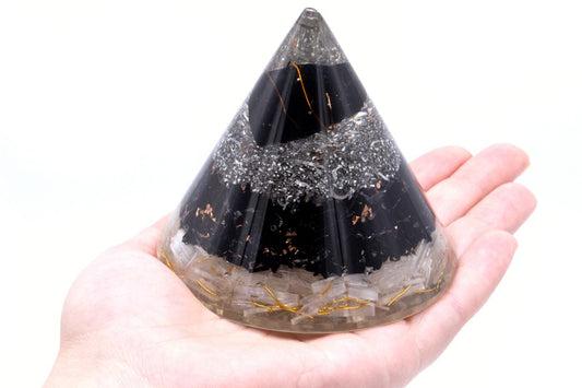 Polished Orgonite Cone Selenite And Black Toumaline Copper 90 Mm featuring satin white sheen and fibrous texture - Positive Faith Hope Love
