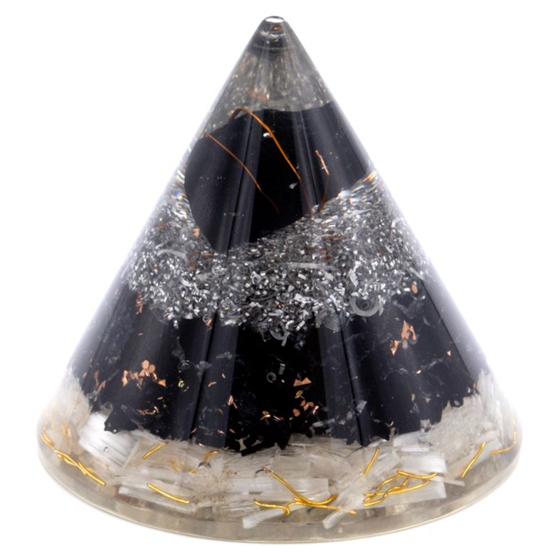 Polished Orgonite Cone - Selenite and Black Tourmaline Copper - 90 mm featuring deep black tone with natural striations - Positive Faith Hope Love