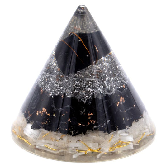 Polished Orgonite Cone - Selenite and Black Tourmaline Copper - 90 mm featuring deep black tone with natural striations - Positive Faith Hope Love