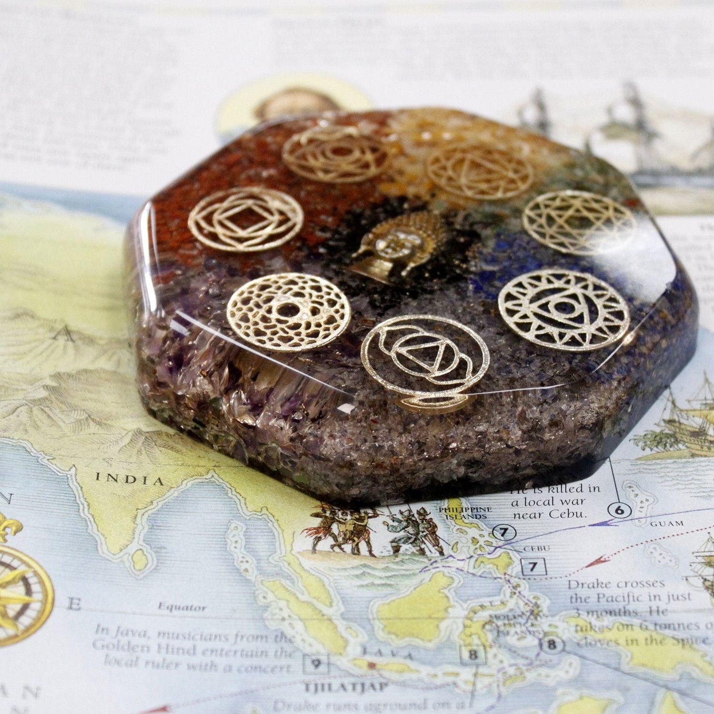 Polished Orgonite Desk Power Packs Buddha Chakra Lrg featuring natural patterning and unique variations - Positive Faith Hope Love