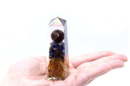 Polished Orgonite Obelisk Power Point Copper Lapis And Yellow Aventurine 90X25 Mm featuring green tone with subtle sparkle - Positive Faith Hope Love