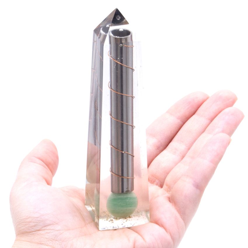 Polished Orgonite Obelisk Power Point Green Aventurine 110X30 Mm featuring green tone with subtle sparkle - Positive Faith Hope Love