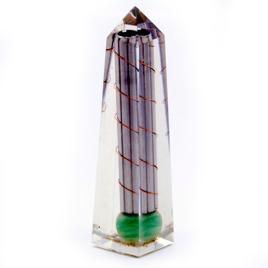 Polished Orgonite Obelisk Power Point Green Aventurine - 110x30 mm featuring green tone with subtle sparkle - Positive Faith Hope Love