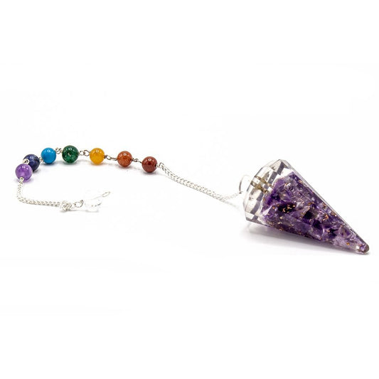 Polished Orgonite Power Chakra Pendulum - Amethyst featuring rich purple colour and natural clarity - Positive Faith Hope Love
