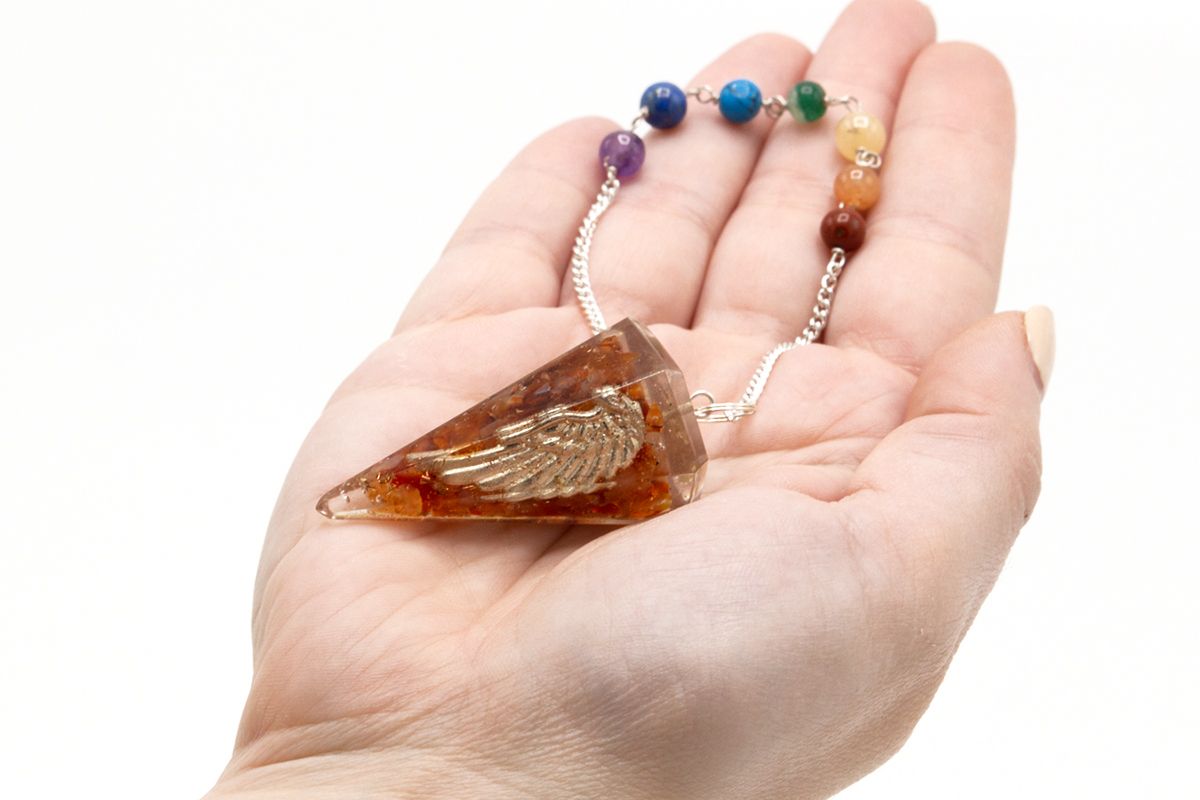 Polished Orgonite Power Chakra Pendulum Angel Wing featuring natural patterning and unique variations - Positive Faith Hope Love