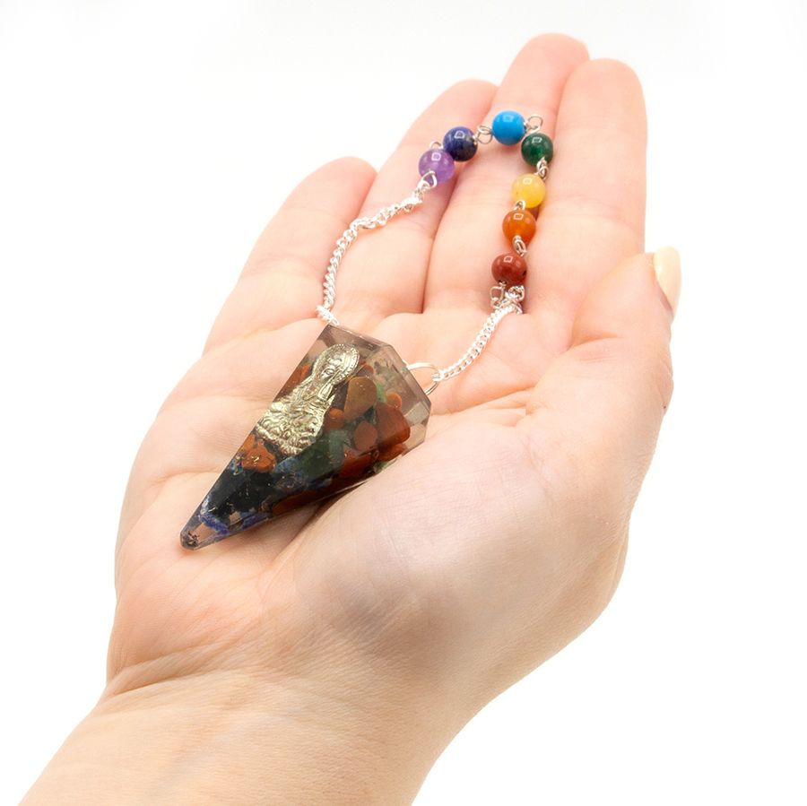 Polished Orgonite Power Chakra Pendulum Buddha featuring natural patterning and unique variations - Positive Faith Hope Love