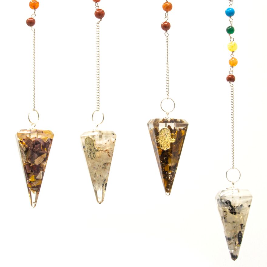 Polished Orgonite Power Chakra Pendulum Hamsa featuring natural patterning and unique variations - Positive Faith Hope Love