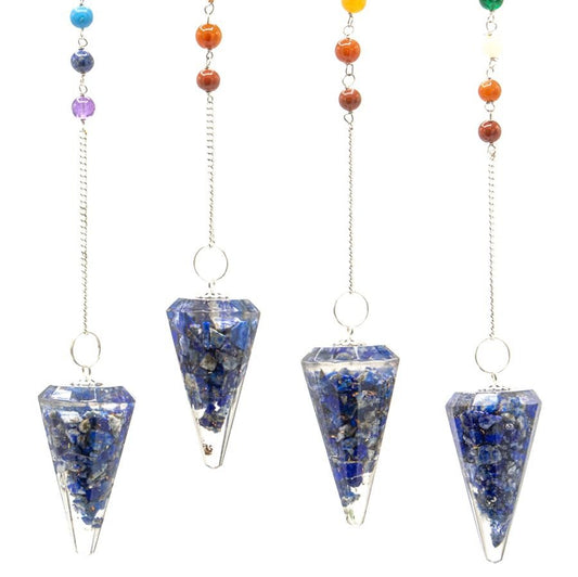 Polished Orgonite Power Chakra Pendulum Lapis featuring royal blue tone with gold flecks - Positive Faith Hope Love