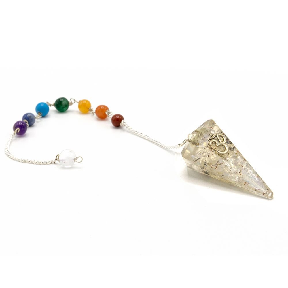 Polished Orgonite Power Chakra Pendulum Om featuring natural patterning and unique variations - Positive Faith Hope Love
