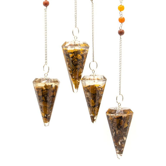 Polished Orgonite Power Chakra Pendulum Tiger Eye featuring natural patterning and unique variations - Positive Faith Hope Love