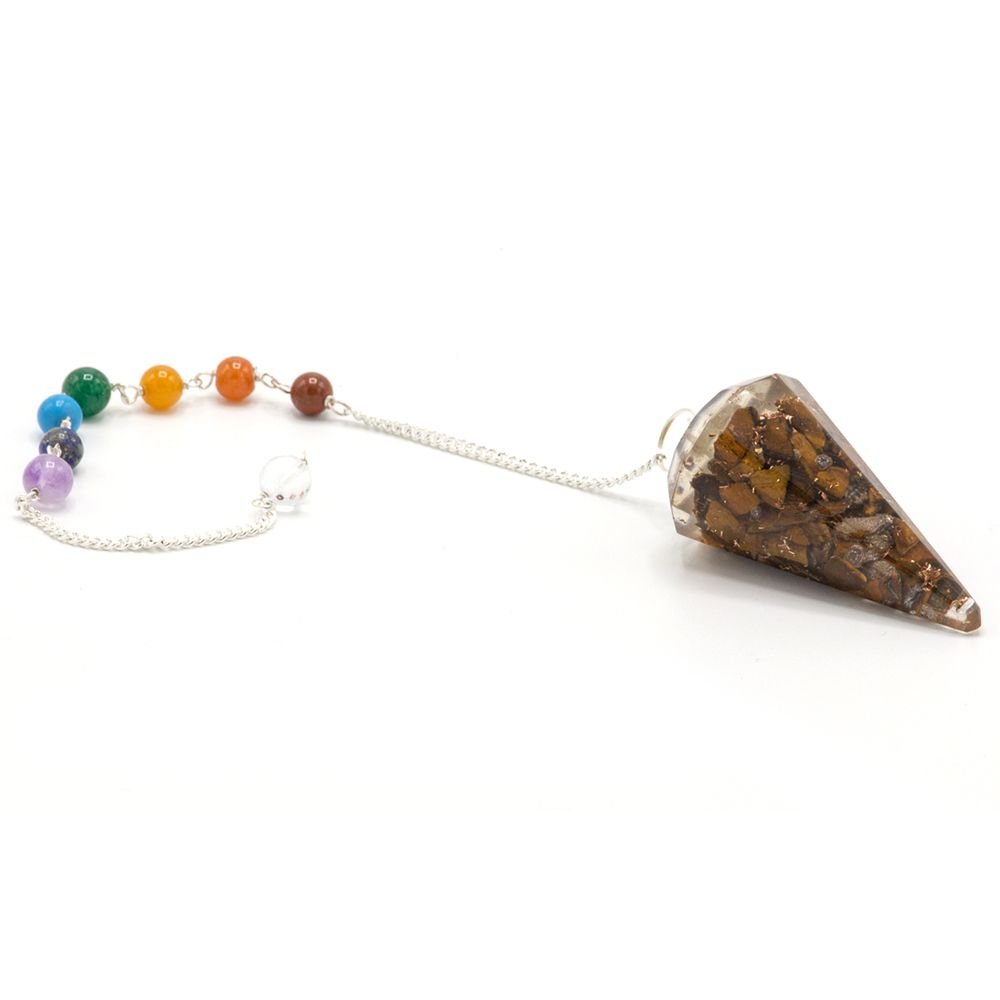 Polished Orgonite Power Chakra Pendulum - Tiger Eye featuring natural patterning and unique variations - Positive Faith Hope Love