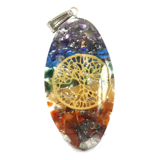 Polished Orgonite Power Pendant - 7 Stone Chakra Oval with Tree featuring natural patterning and unique variations - Positive Faith Hope Love