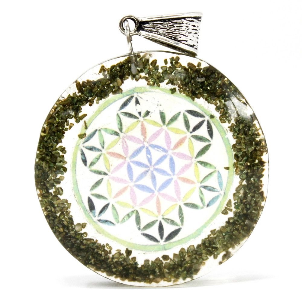 Polished Orgonite Power Pendant - Greenstone Mandala featuring natural patterning and unique variations - Positive Faith Hope Love