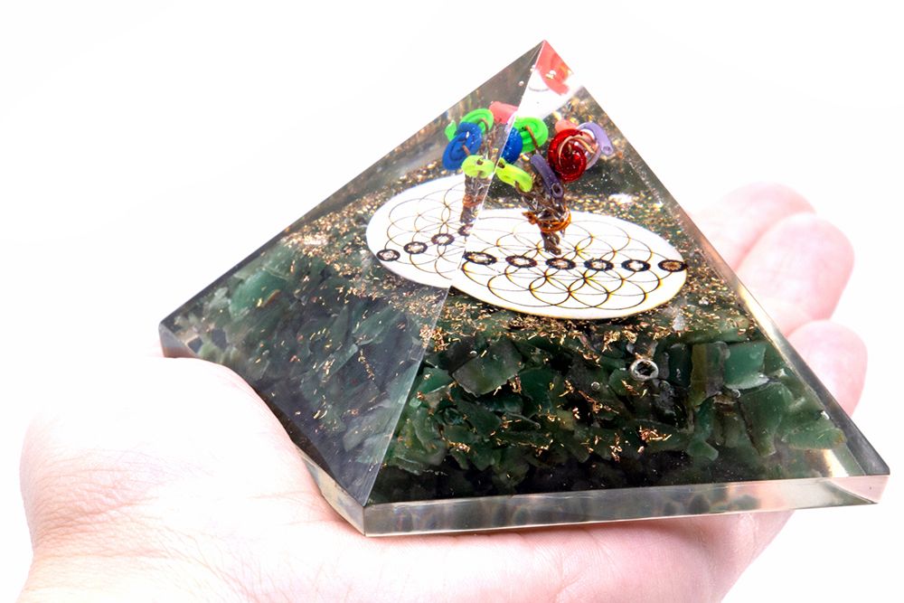 Polished Orgonite Pyramid Green Acewnturine Nd Flower Of Life 70 Mm featuring natural patterning and unique variations - Positive Faith Hope Love