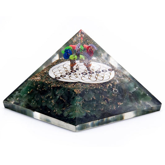 Polished Orgonite Pyramid - Green Aventurine and Flower of Life - 70 mm featuring green tone with subtle sparkle - Positive Faith Hope Love