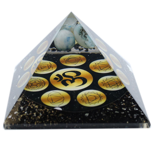 Polished Orgonite Pyramid - Midnight Om Chakra - 90mm featuring natural patterning and unique variations - Positive Faith Hope Love