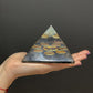 Polished Orgonite Pyramid Midnight Om Chakra 90Mm featuring natural patterning and unique variations - Positive Faith Hope Love