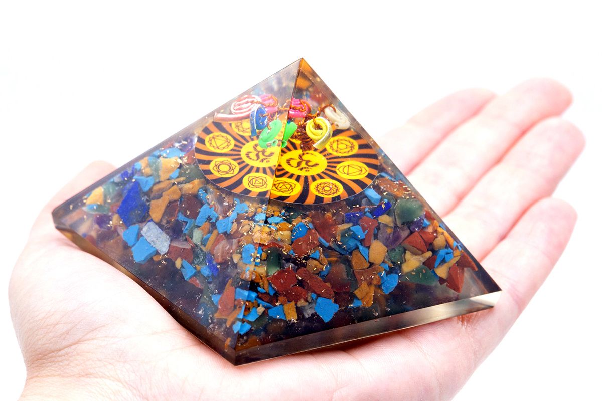 Polished Orgonite Pyramid Om Chakra 70 Mm featuring natural patterning and unique variations - Positive Faith Hope Love
