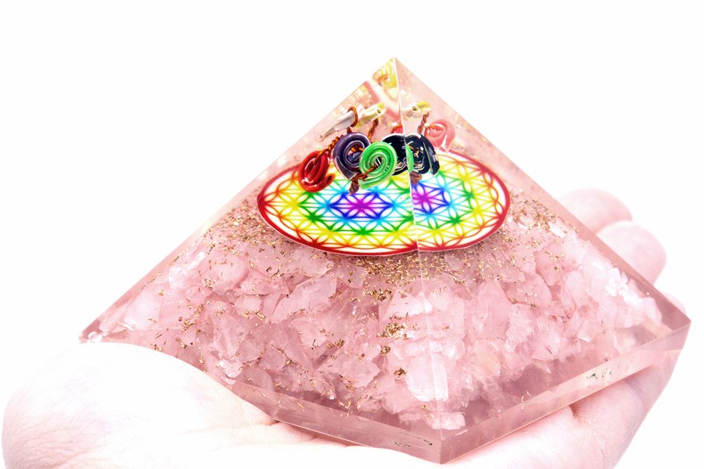 Polished Orgonite Pyramid Rose Quartz Rainbow Flower Of Life 70 Mm featuring soft pink tone and gentle translucence - Positive Faith Hope Love