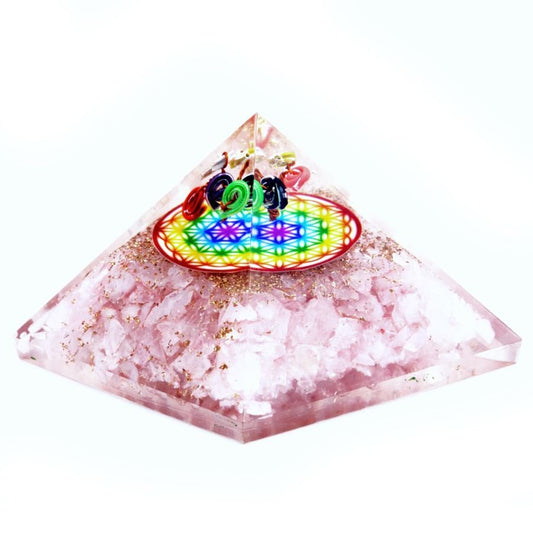 Polished Orgonite Pyramid - Rose Quartz Rainbow Flower of Life - 70 mm featuring soft pink tone and gentle translucence - Positive Faith Hope Love