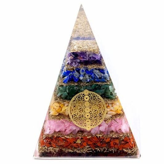 Polished Orgonite Pyramid - Seven Chakra Flower of Life - 70 mm featuring natural patterning and unique variations - Positive Faith Hope Love