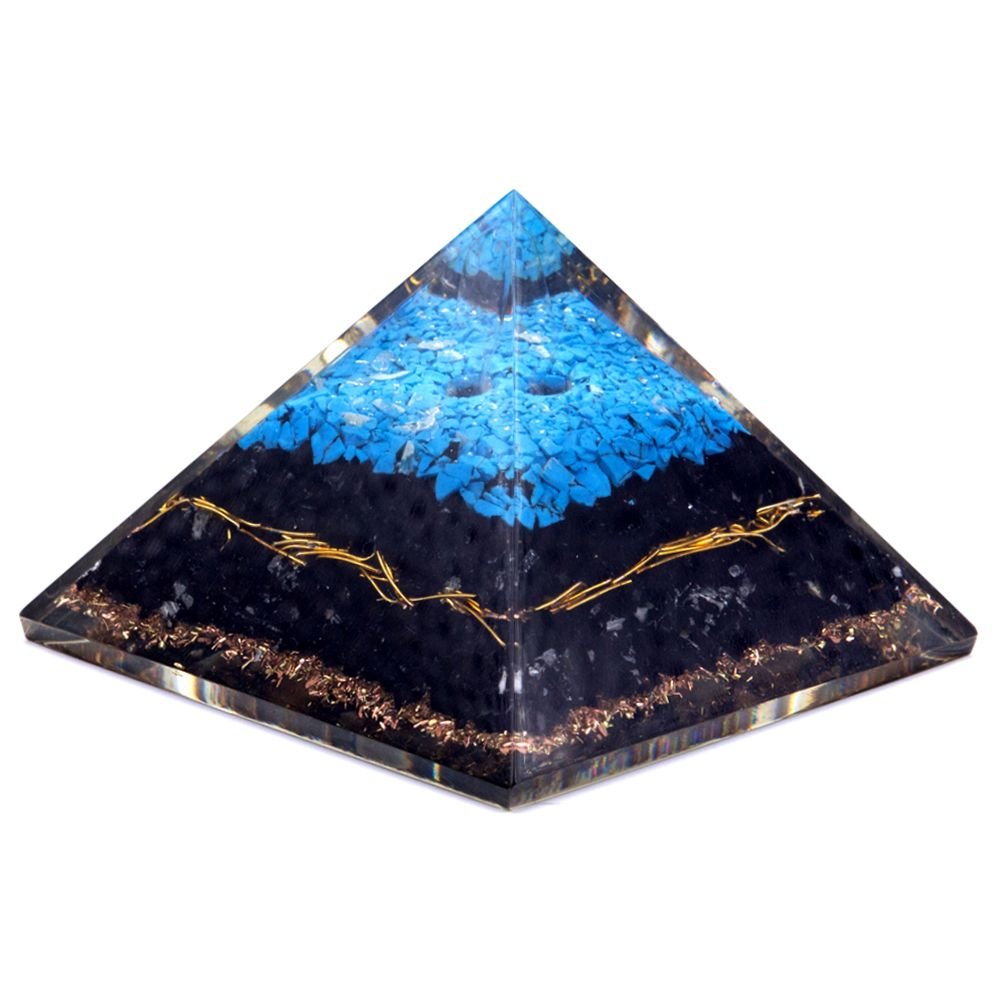 Polished Orgonite Pyramid - Turqoise and Black Tourmaline - 70 mm featuring deep black tone with natural striations - Positive Faith Hope Love