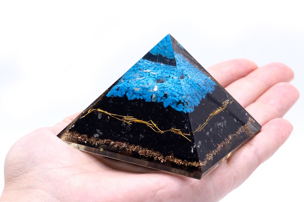 Polished Orgonite Pyramid Turqoise And Black Tourmaline 70 Mm featuring deep black tone with natural striations - Positive Faith Hope Love