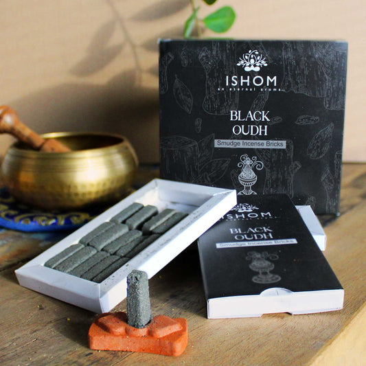Polished Pack of 15 Natural Incense Smudge Bricks and Burner - Black Wood featuring natural patterning and unique variations - Positive Faith Hope Love