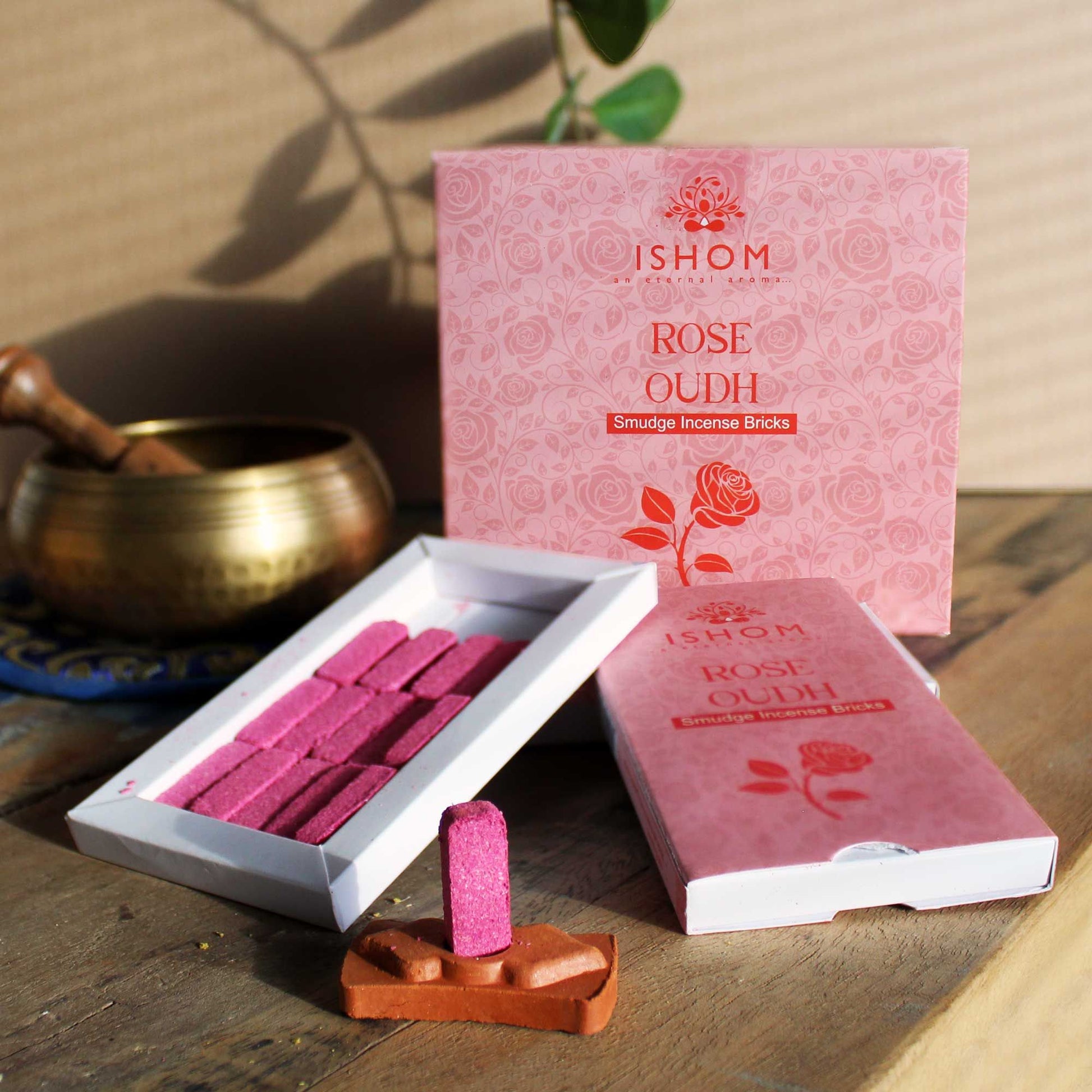 Polished Pack of 15 Natural Incense Smudge Bricks and Burner - Rose Wood featuring natural patterning and unique variations - Positive Faith Hope Love