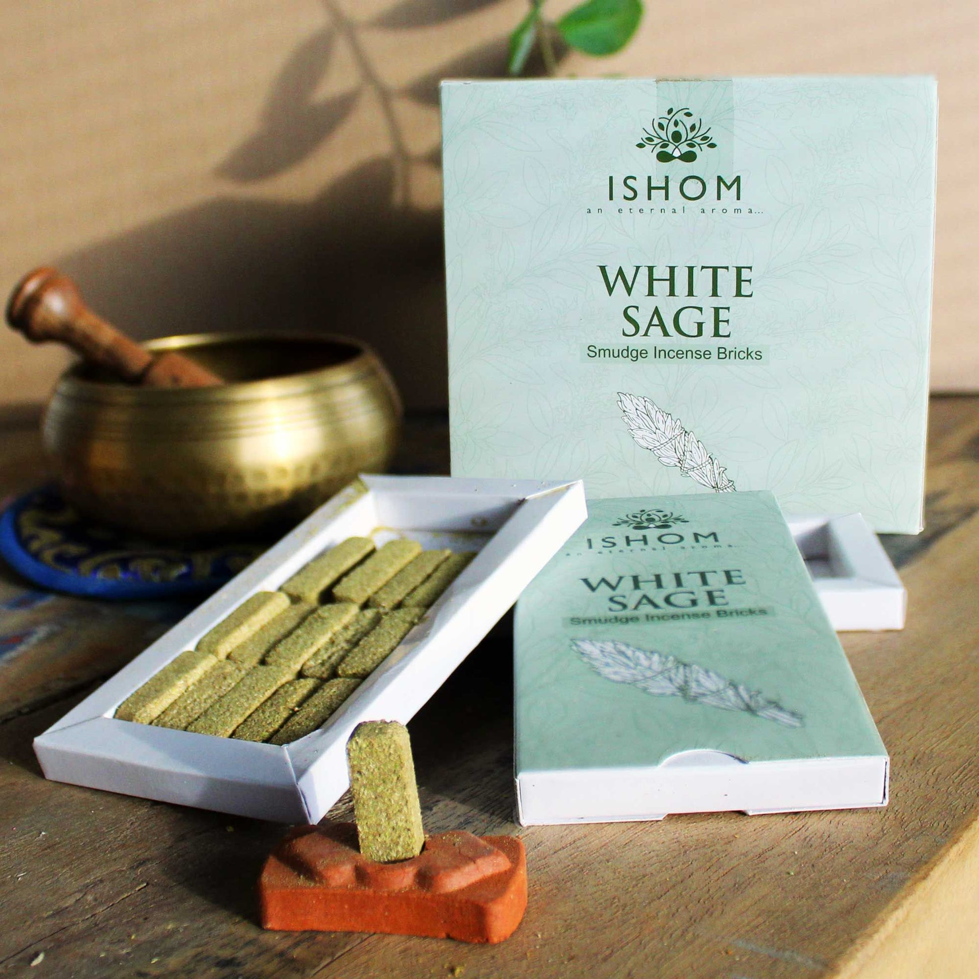 Polished Pack of 15 Natural Incense Smudge Bricks and Burner - White Sage featuring natural patterning and unique variations - Positive Faith Hope Love