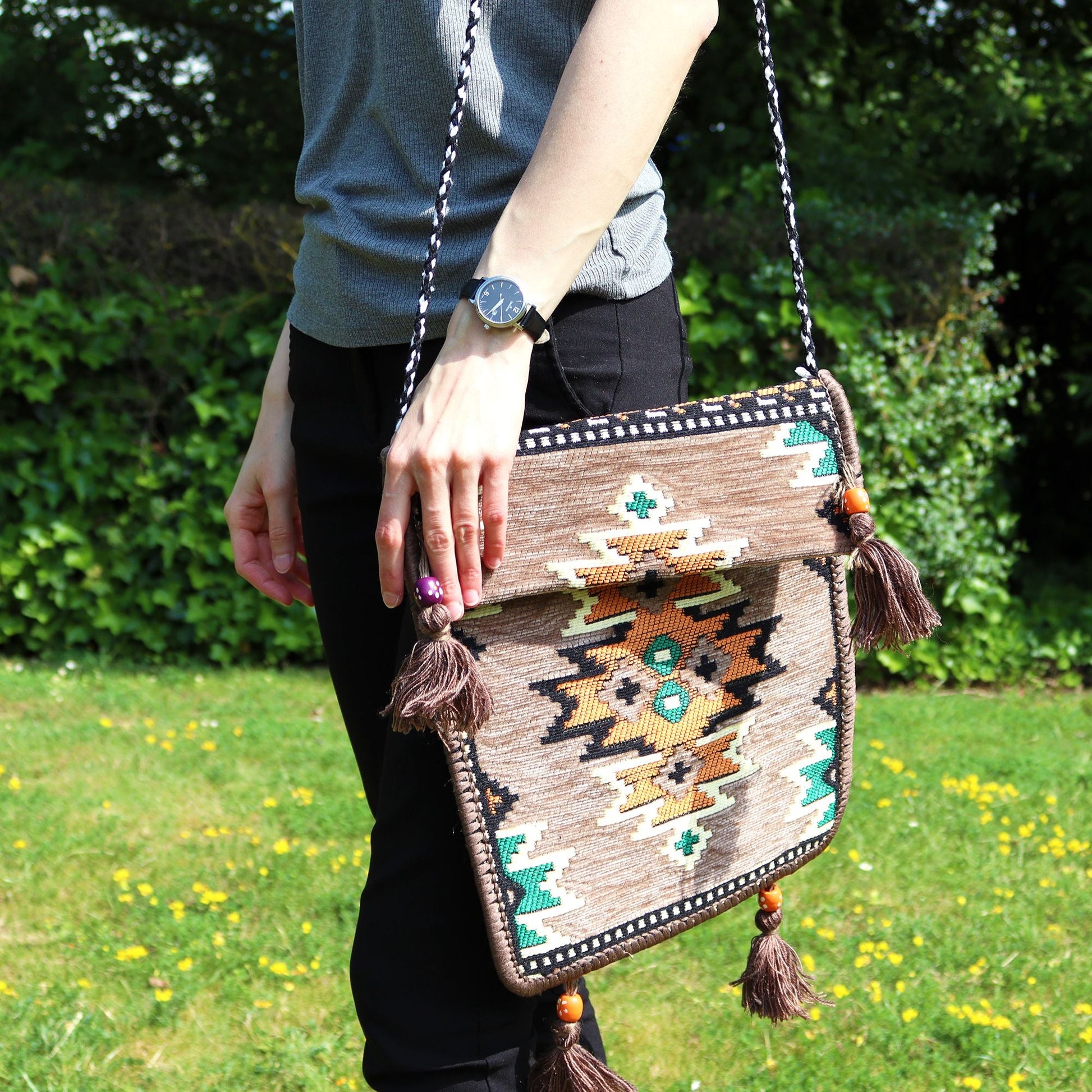 Polished Pale Grey Kilim Messenger Festival Bag featuring natural patterning and unique variations - Positive Faith Hope Love
