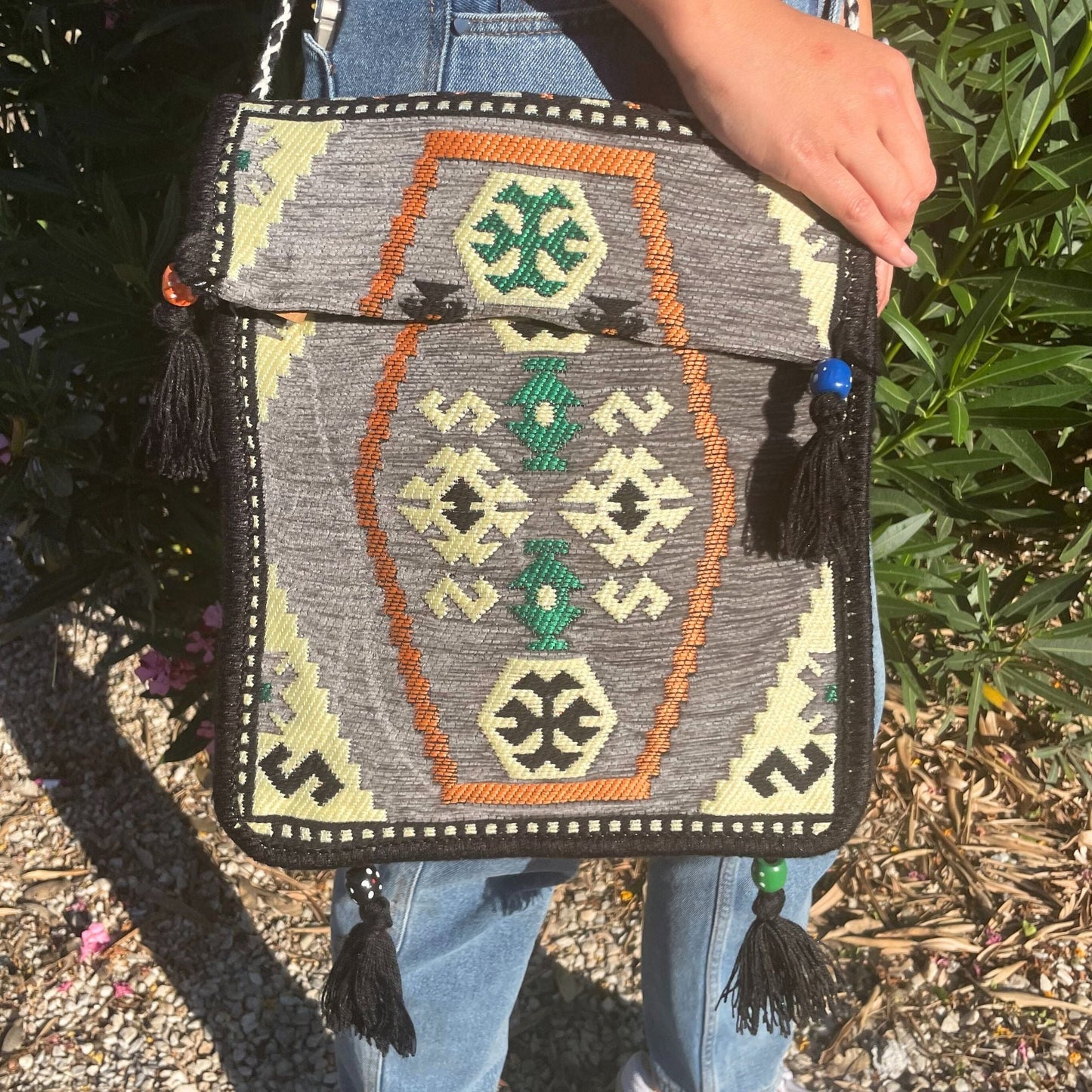 Polished Pale Grey Kilim Messenger Festival Bag featuring natural patterning and unique variations - Positive Faith Hope Love