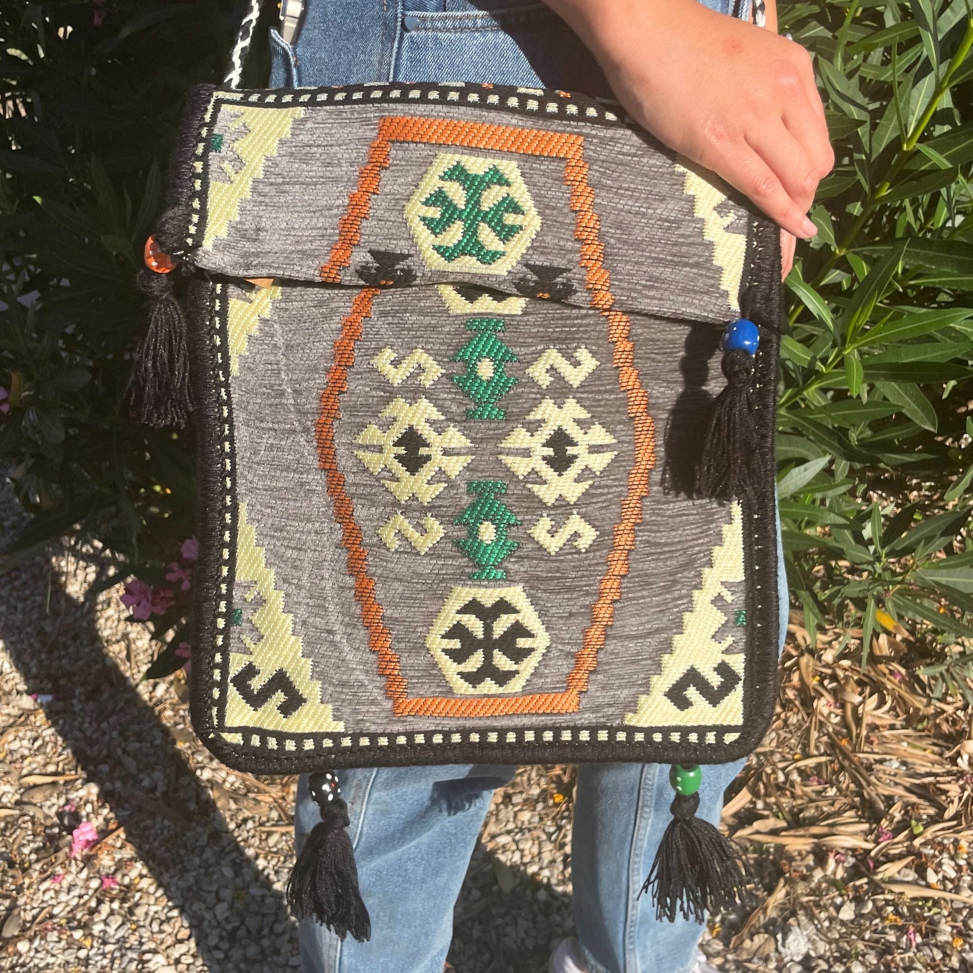 Polished Pale Grey Kilim Messenger Festival Bag featuring natural patterning and unique variations - Positive Faith Hope Love