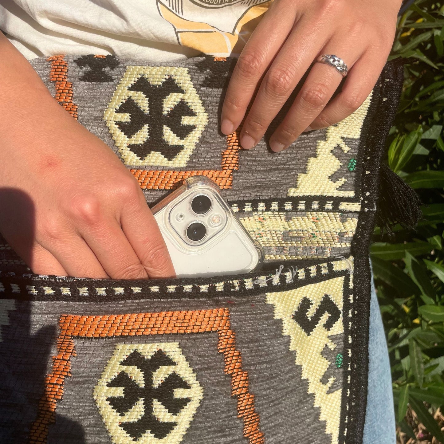 Polished Pale Grey Kilim Messenger Festival Bag featuring natural patterning and unique variations - Positive Faith Hope Love