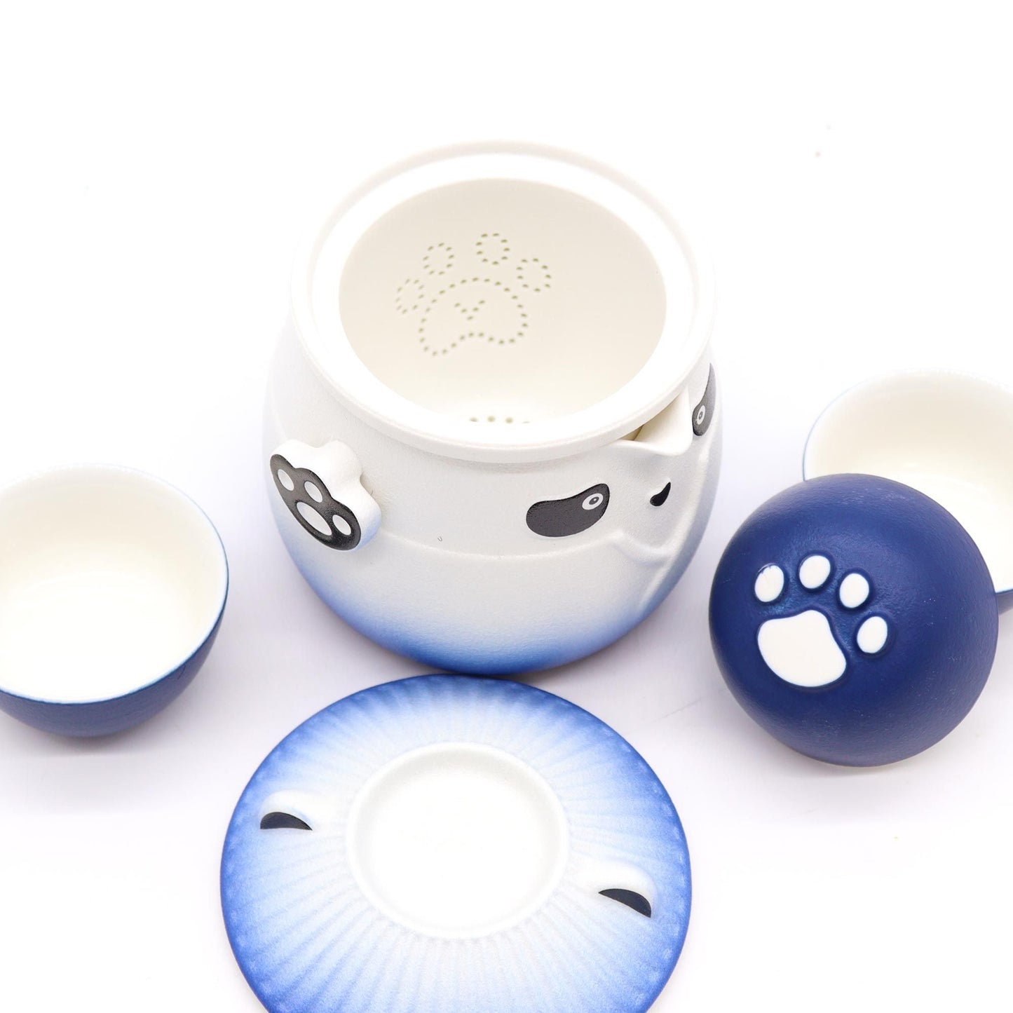 Polished Panda Teapot Set Three Cups Sky Blue featuring natural patterning and unique variations - Positive Faith Hope Love