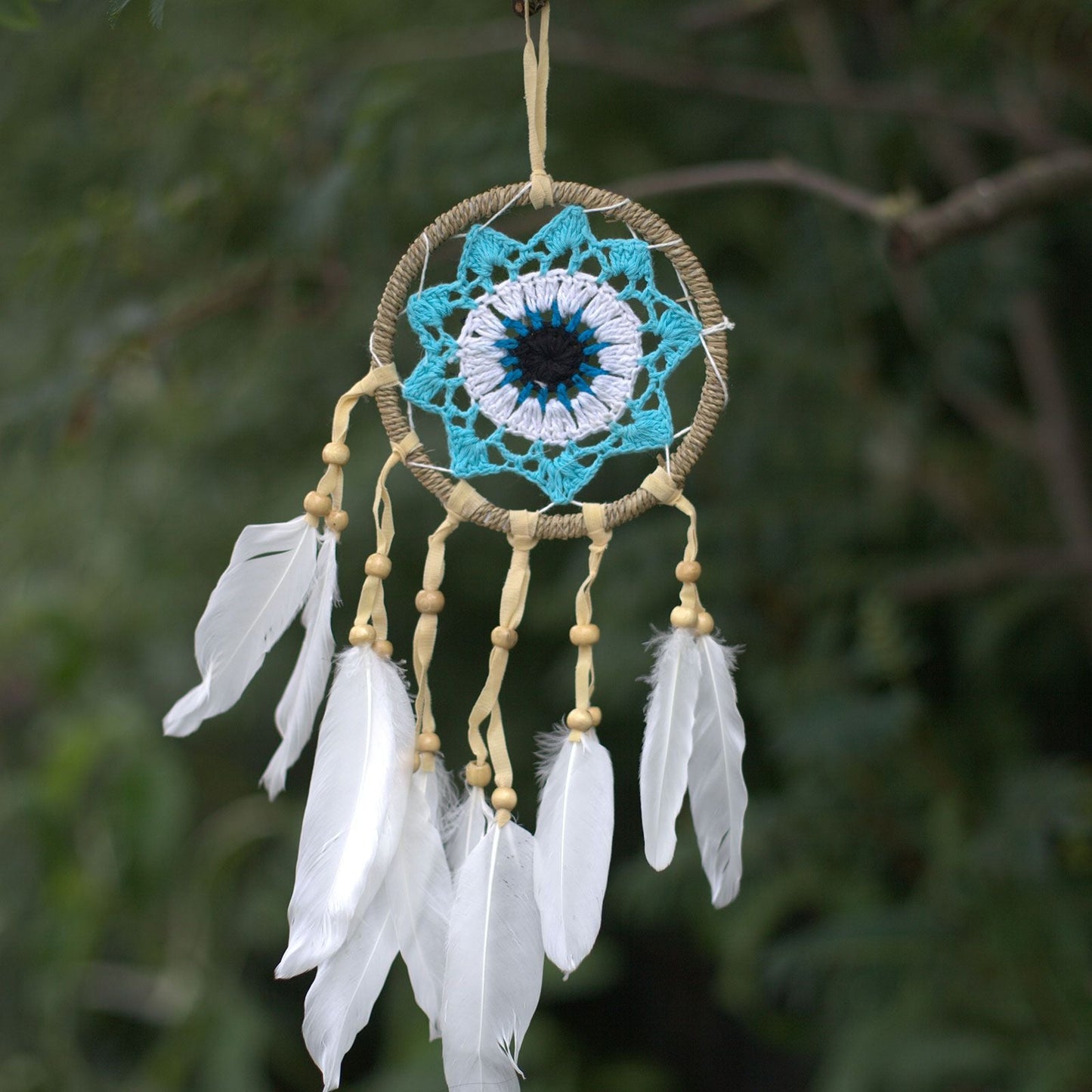 Polished Pastel Blue Macrame Dream Catcher 12Cm Asst Colours featuring natural patterning and unique variations - Positive Faith Hope Love