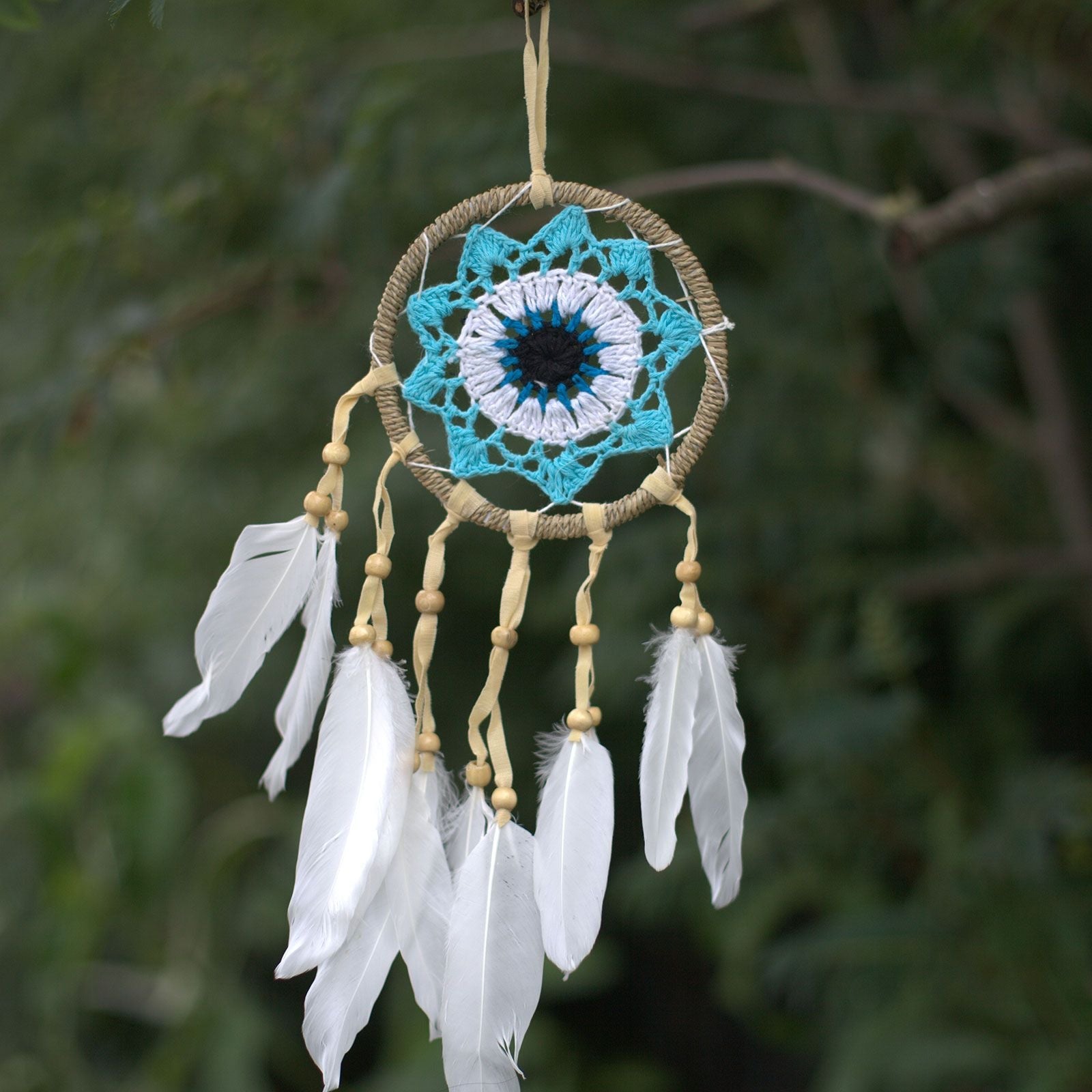 Polished Pastel Blue Macrame Dream Catcher 12Cm Asst Colours featuring natural patterning and unique variations - Positive Faith Hope Love