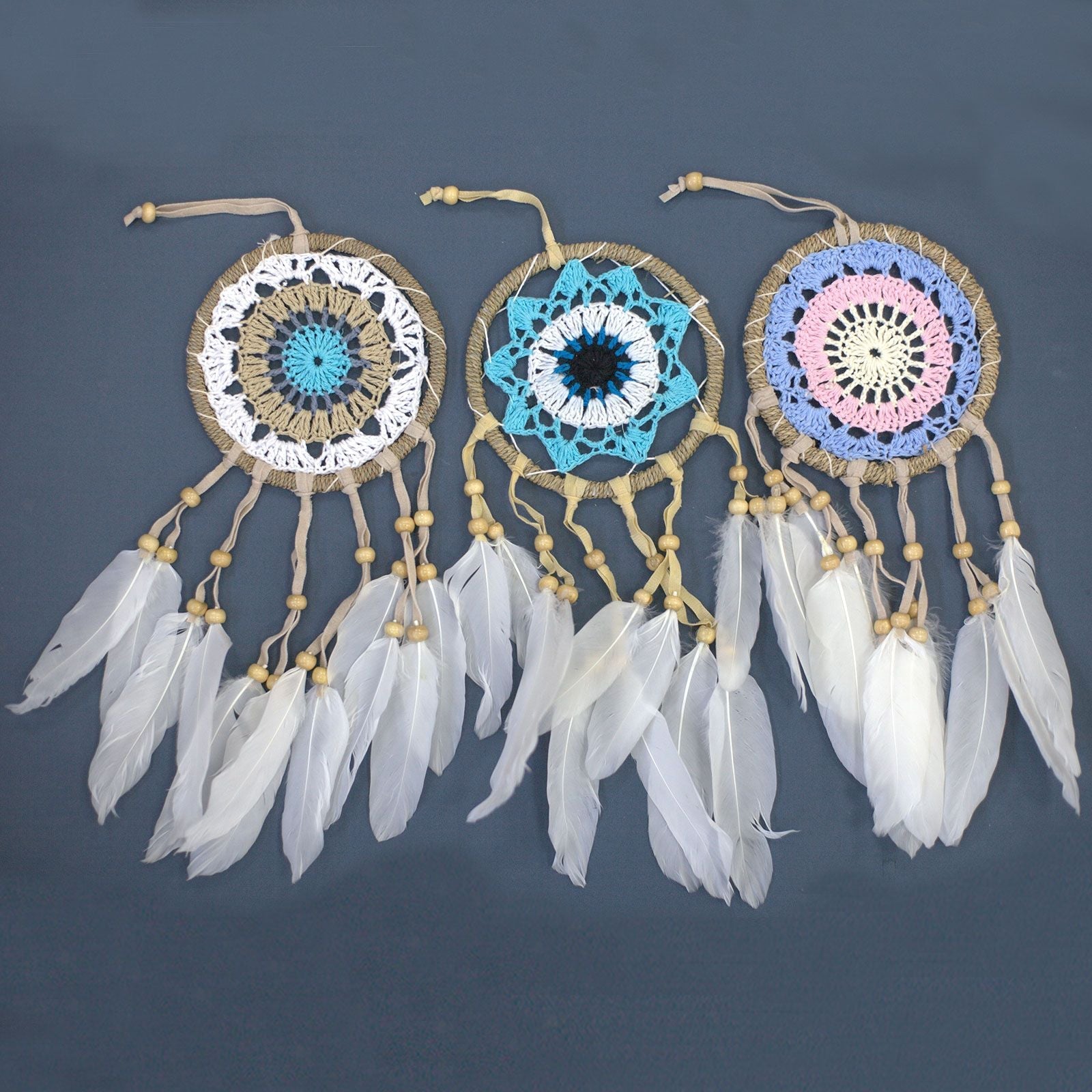 Polished Pastel Blue Macrame Dream Catcher 12Cm Asst Colours featuring natural patterning and unique variations - Positive Faith Hope Love