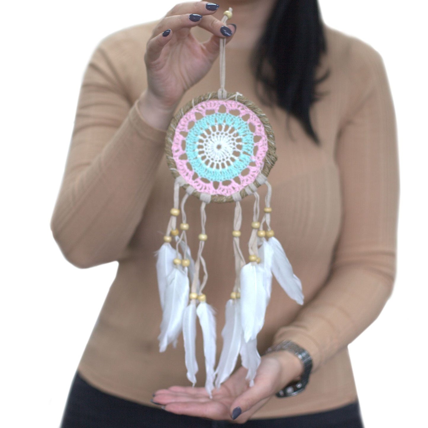 Polished Pastel Blue Macramé Dream Catcher 12cm (asst colours) featuring natural patterning and unique variations - Positive Faith Hope Love